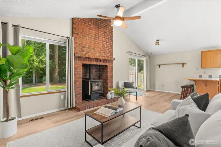 Family Room with Fireplace - looking towards eating nook