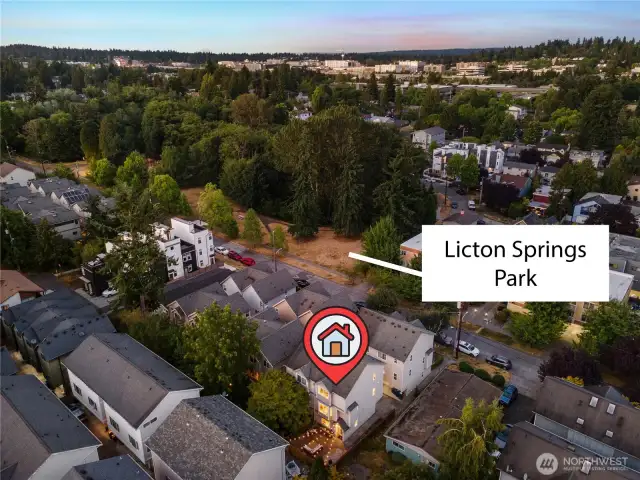 Located directly across the street from Licton Springs Park, with trails, playground, fields, picnic areas, and more