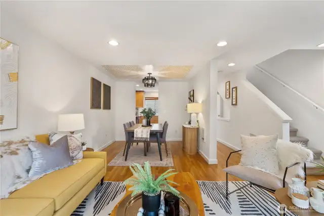 Stunning feature ceiling in dining room adds dimension