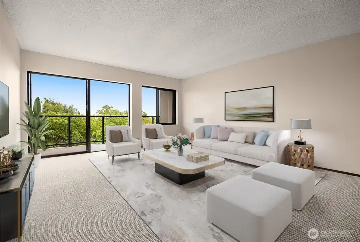 Generously sized living room, refreshed with new paint and carpet. Virtually Staged Photo.