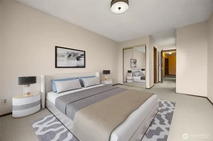 Spacious bedroom retreat with room for a king bed and more. Virtually Staged Photo.