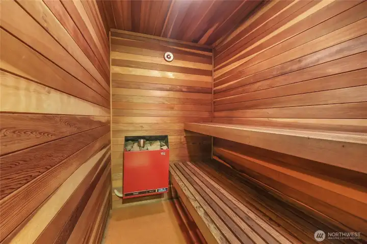 Resident sauna offers a wellness retreat just steps from home.