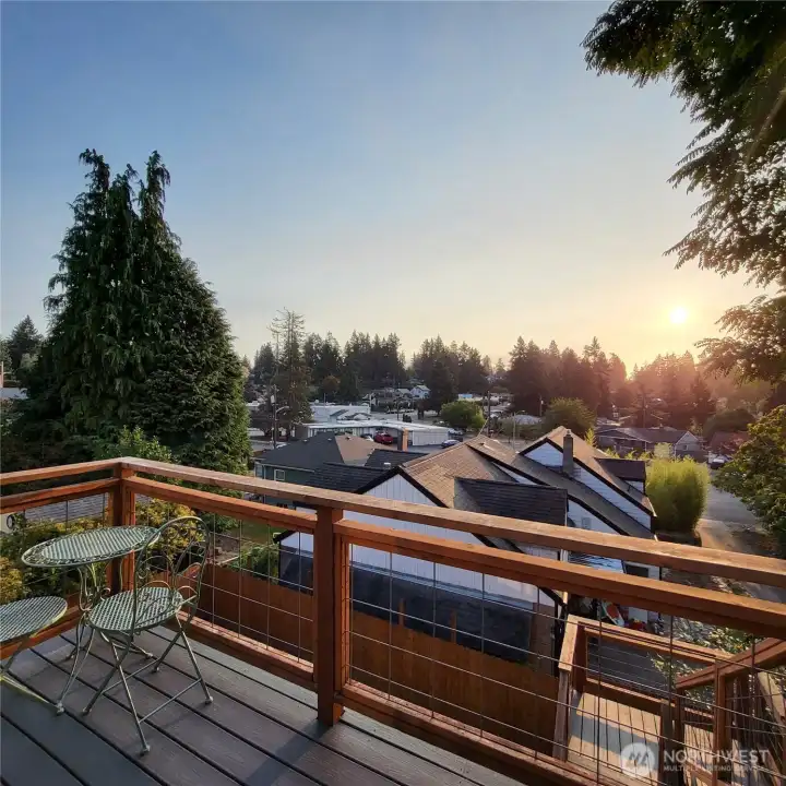 Wake up to a gorgeous sunrise overlooking the city of Fircrest from the upper deck!