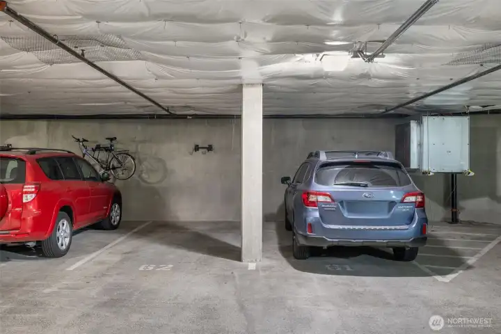 Two side-by-side parking spots near the elevator on P2.