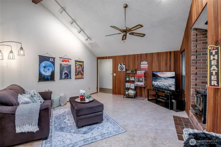 Vaulted ceilings continue from the fron living room