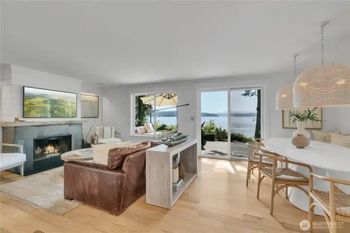 Great room is open to dining area and overlooks the water views