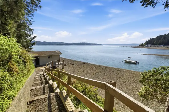 View from the stairs to the boathouse and expansive beach