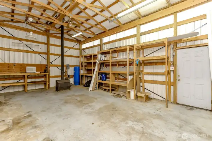 540 sq ft shop with freestanding wood stove