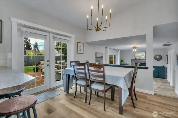 The dining room overlooks the family room in this tri-level home