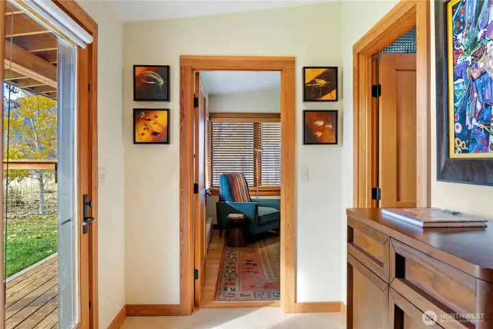 The guest house features a heated tile entry with glass door.