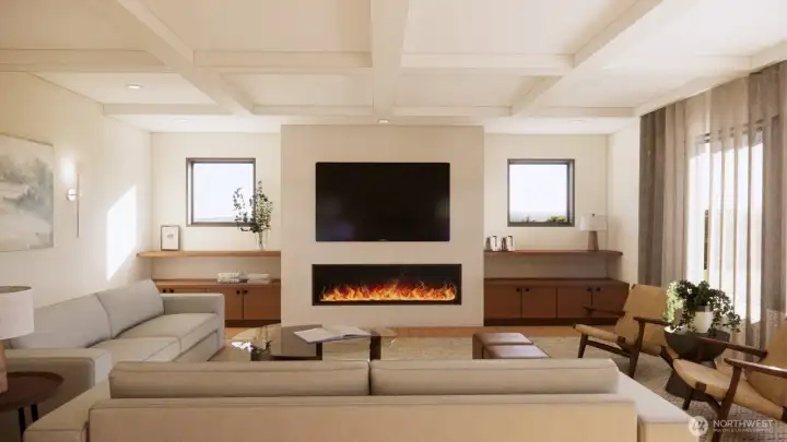 Linear fire place adds a beautiful touch to this living room with access to the covered deck with sky lights. (3D rendering)