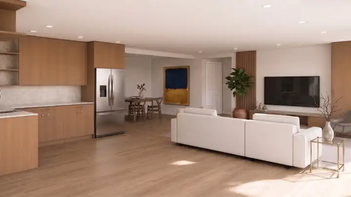 Fully finished daylight basement completes this beautiful home. Includes bedroom with full ensuite bathroom, family room with kitchenette and a dedicated office space with half bath and access to the covered patio and backyard. (3D rendering)