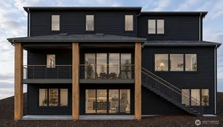 Backyard view of what this stunning custom home will look like. (3D rendering)