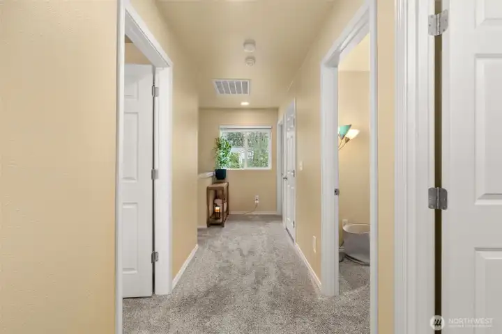 Upstairs, wide hallway.