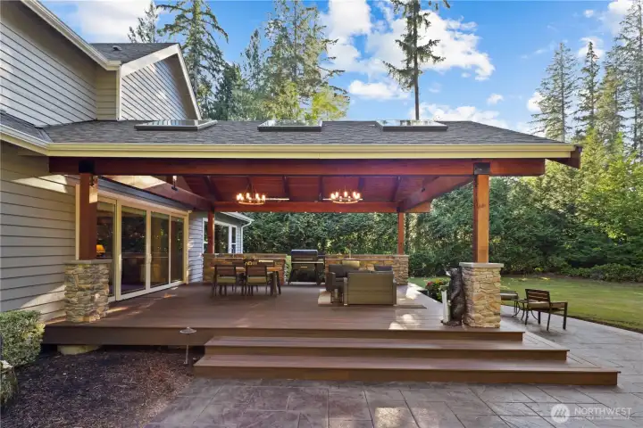 Stamped concrete patio with stone bench wall.