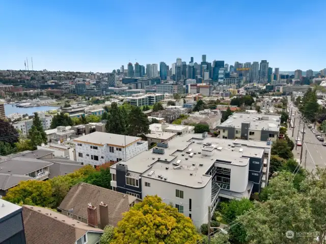 Aerial view showing proximity to SLU and downtown Seattle.