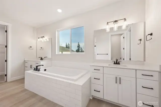 separate Vanities separated by soaking tub Double closets