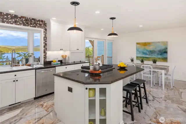 Thoughtful display shelves and counter seating, as well as informal dining space.
