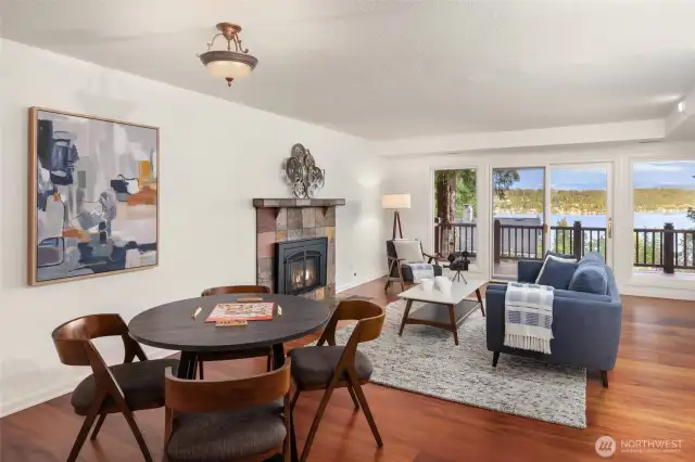 Gas insert fireplace and room for fun and games.
