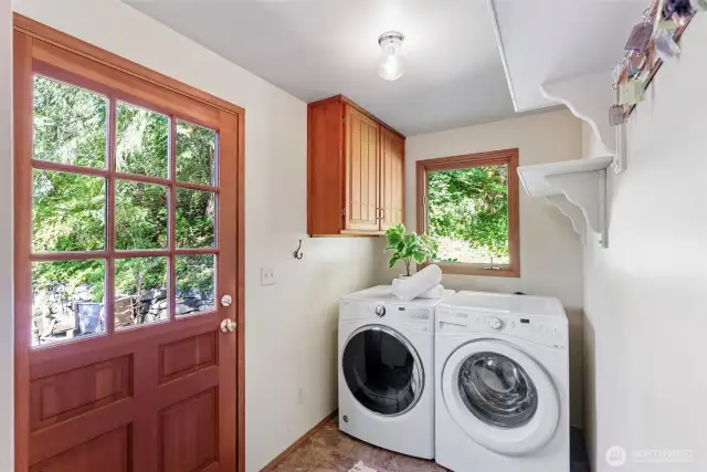 Laundry room with washer/dryer units, just off kitchen