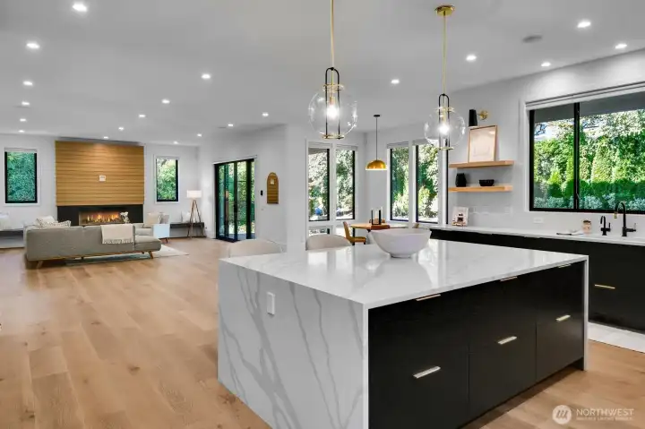Waterfall quartz counters on the kitchen island