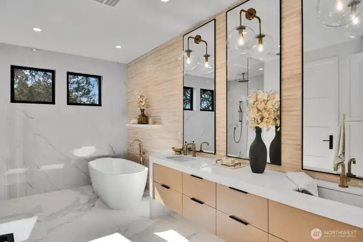 Spa-themed Primary bathroom with heated floors
