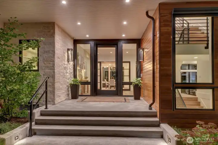 Twilight photo of front entry
