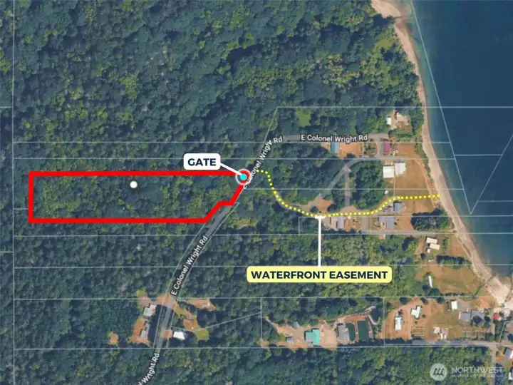 Birdseye view of the approximate boundaries in red and the approximate route of the waterfront easement in yellow.