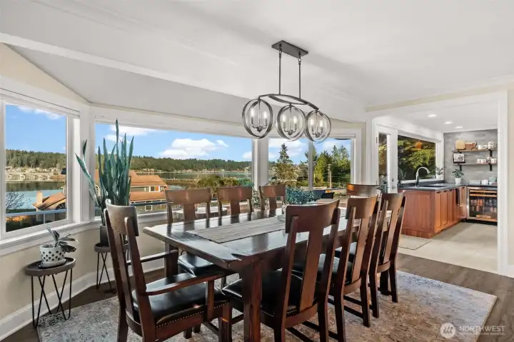 Which do you like better? The view or the light fixture above?  Notice all the new wood work from window casings, to baseboards to the crown molding on top.