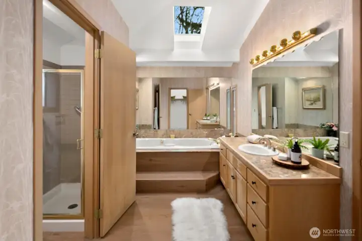 Primary bathroom features jetted tub