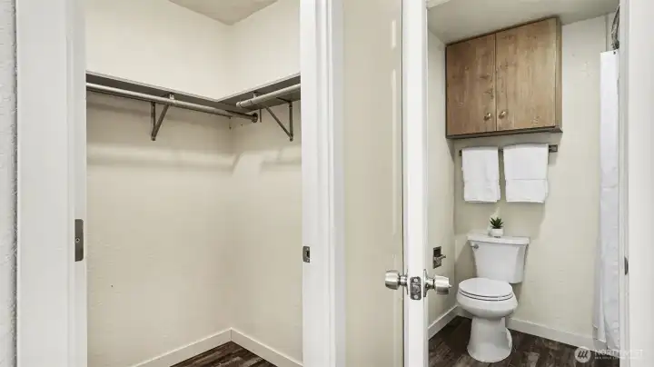 Primary dressing area has a walk-in closet.