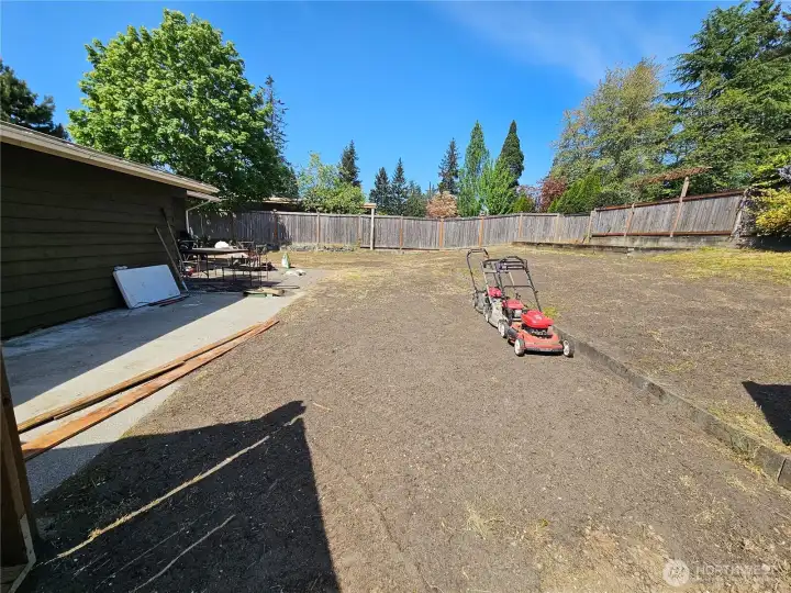 The backyard is currently being freshly landscaped with new lawn installation.