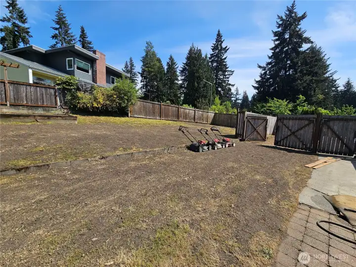 The backyard is currently being freshly landscaped with new lawn installation.