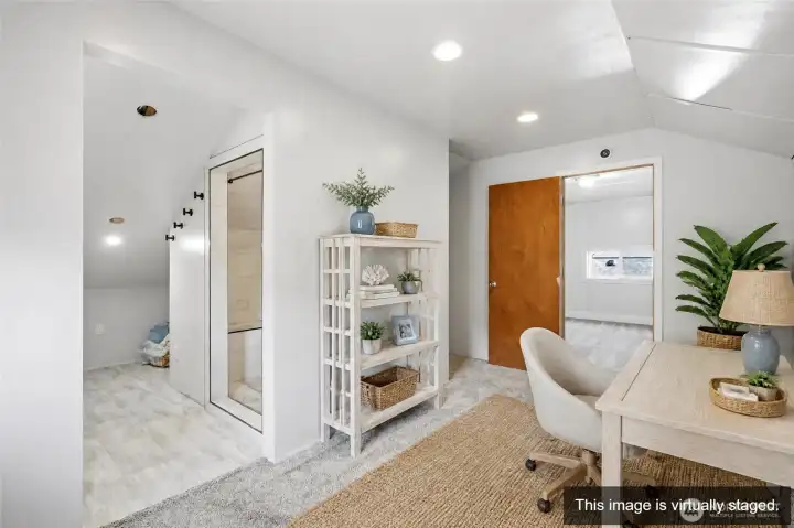 Upstairs, enjoy a surprisingly roomy Primary Suite with attached updated bath. Upstairs, enjoy a surprisingly roomy Primary Suite with attached updated bath.