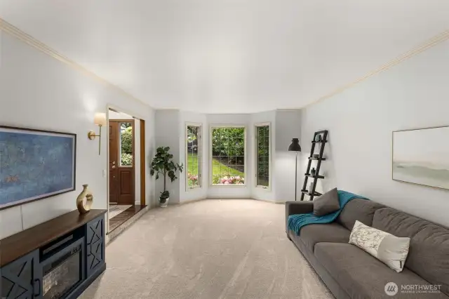 Large living room with bay window