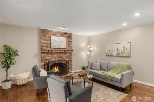 Family room has a cozy fireplace