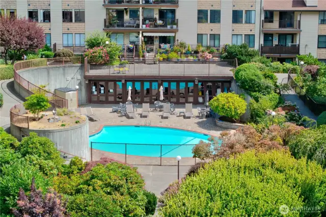 This is the seasonal heated pool and cabana engulfed by lush gardens