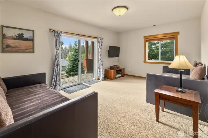 Double doors lead to a stone patio and access to the back yard.