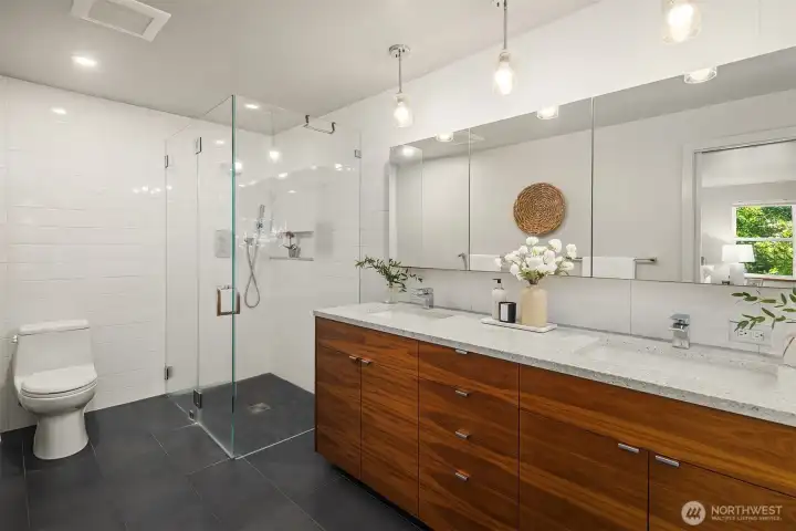Primary five piece bathroom with heated floors.
