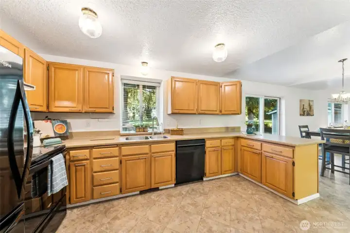Another kitchen view; looking towards large dining table area and additional great room space in the background.  The home floor plan flows well for entertaining or private spaces.  Adjacent to the kitchen is a large panty with ample storage.