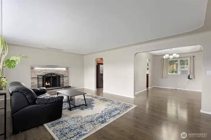large living room with fire place