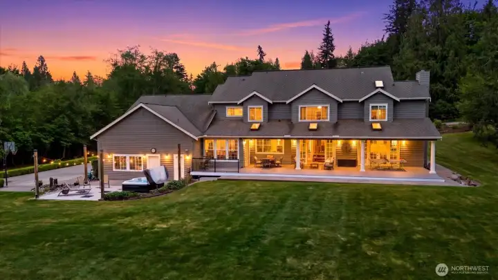 Beautiful evening views enhance the home’s serene outdoor atmosphere