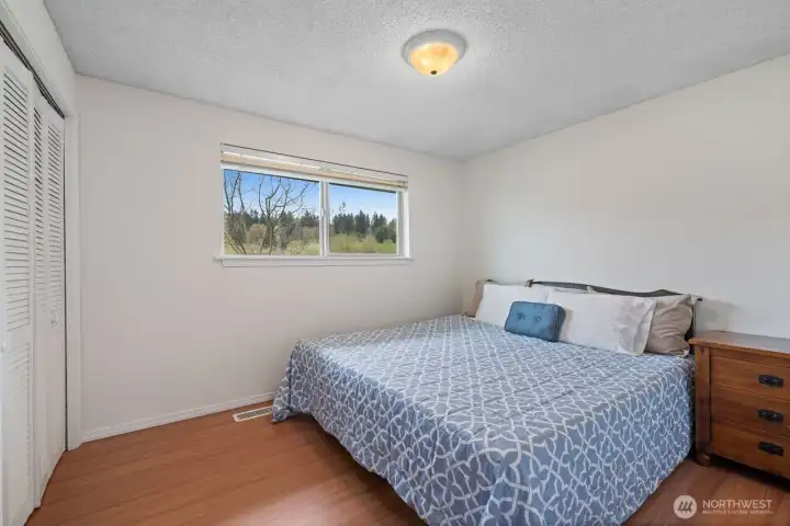 Along with the bed, there's plenty of room to additional furniture.  The large window adds additional light and fresh air.