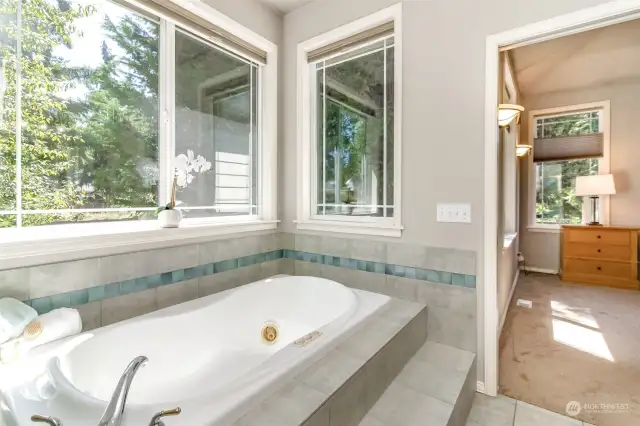 Primary bathroom with jetted bathtub.