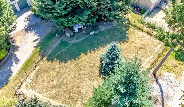 Aerial view of the large dog run area just off the house.