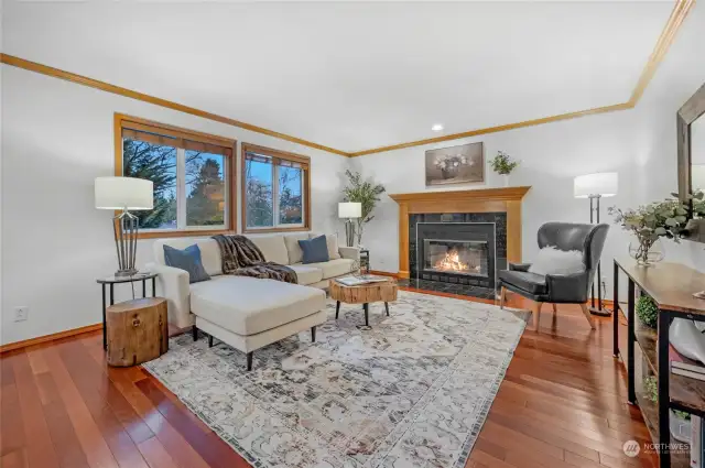 Familyroom features elegant wood burning fireplace and tons of windows for natural light from private back yard area.