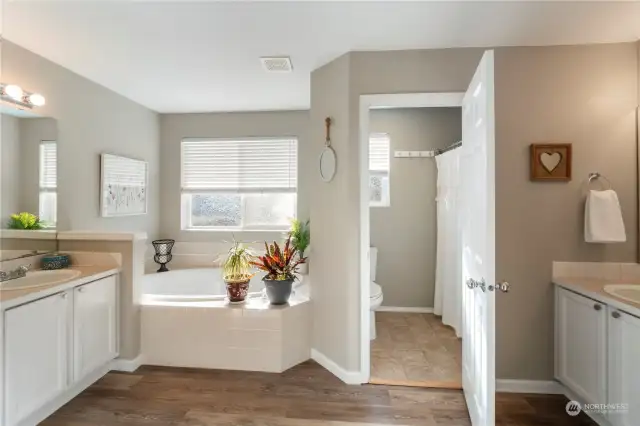 Primary bath with two vanities, two walk in closets, soaking tub and shower!