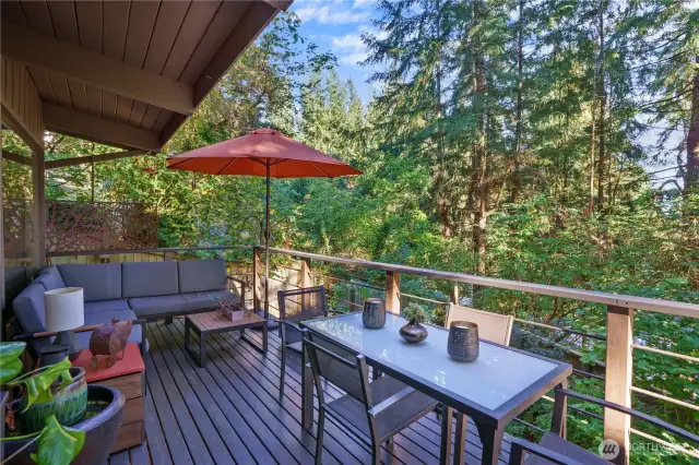 Your private oasis awaits: The south-facing deck embraces mature landscaping, offering a peaceful retreat for your morning coffee or evening gatherings.