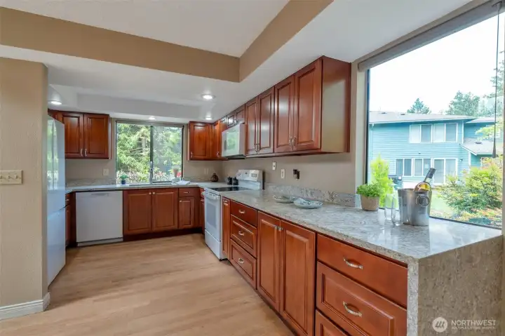 Beautifully updated kitchen featuring hardwood floors, granite countertops, new cabinets, and stainless appliances.