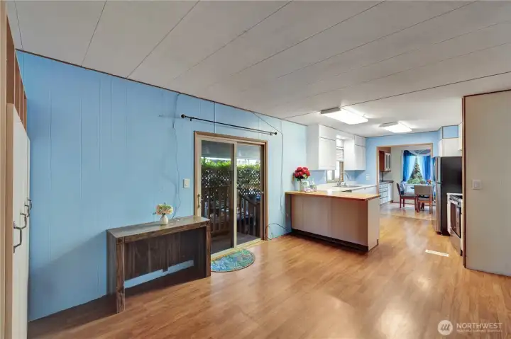 View of kitchen from the family room.